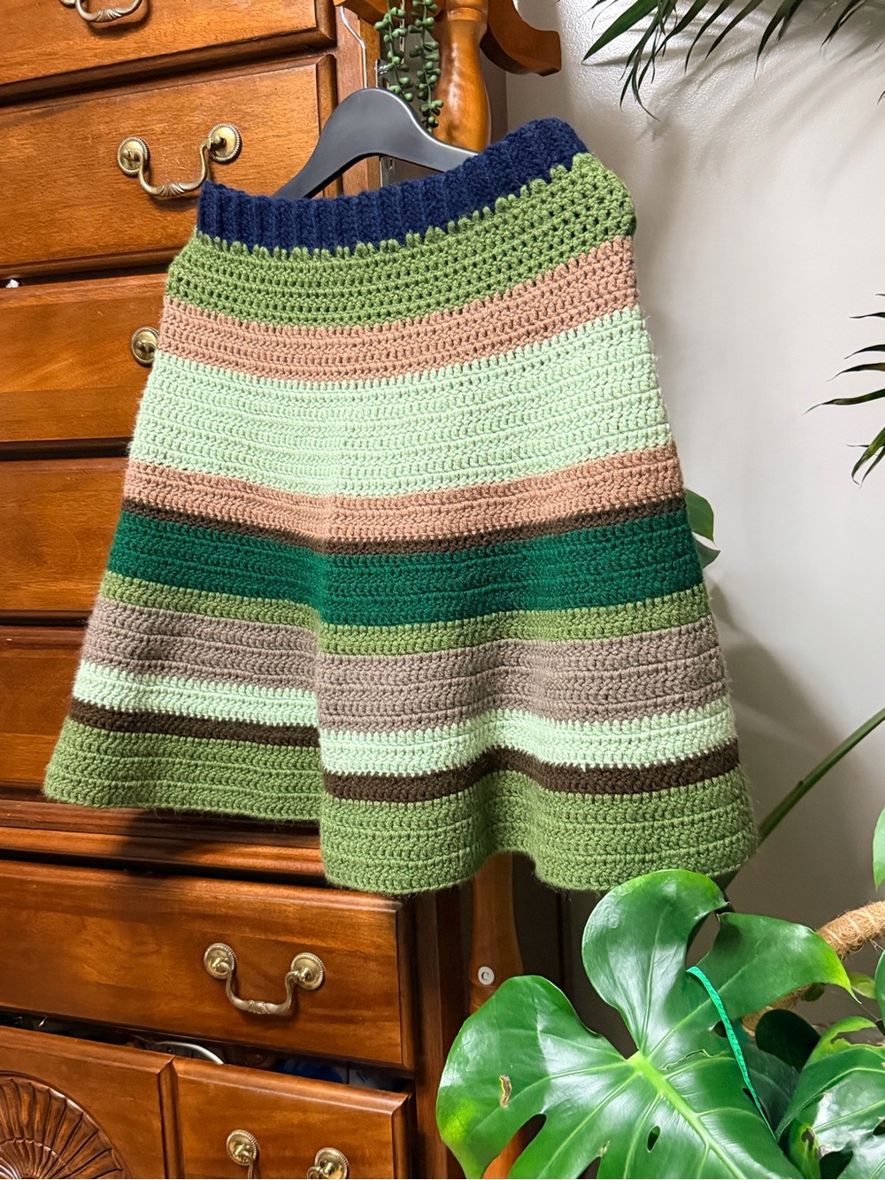 Handmade Striped Crochet A-Line Midi  Skirt in Green and Neutral Tones